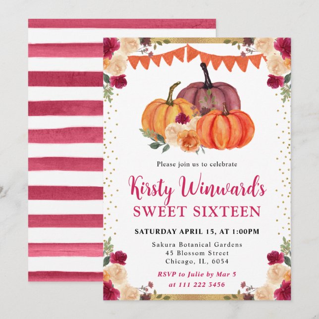 Burnt Orange and Red Floral Pumpkins Fall Sweet 16 Invitation (Front/Back)