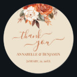 Burnt Orange and Rust Floral Details Enclosure Classic Round Sticker<br><div class="desc">Celebrate your special day with our elegant wedding invitation featuring a stunning color palette of burnt orange, cream, beige, terracotta, and rust hues. Our beautifully designed invitation exudes warmth and sophistication, setting the tone for a romantic and memorable event. The earthy tones create a sense of comfort and style, perfect...</div>