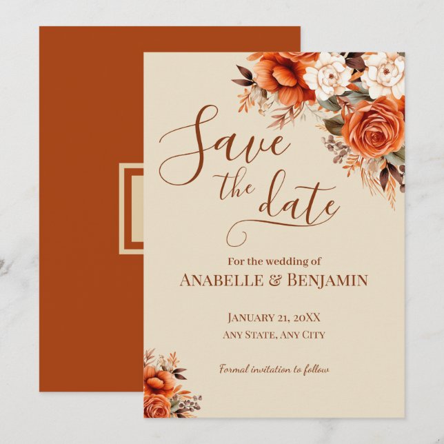 Burnt Orange and Rust Floral Wedding Save The Date (Front/Back)