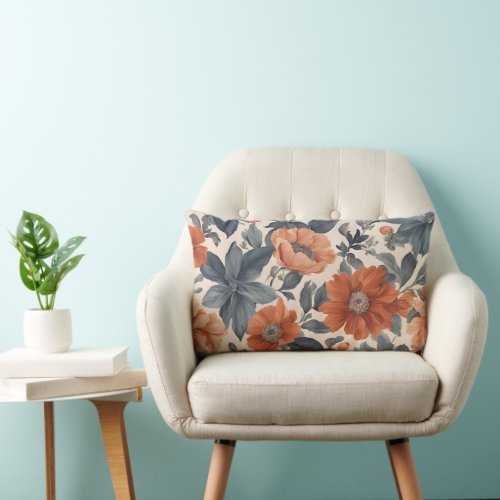 Burnt Orange and Smoky Blue Floral Lumbar Pillow