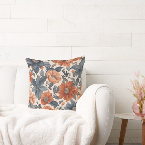 Burnt Orange and Smoky Blue Floral Throw Pillow