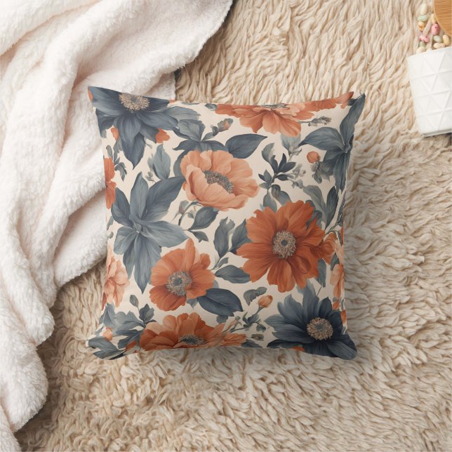 Burnt Orange and Smoky Blue Floral Throw Pillow (Blanket)