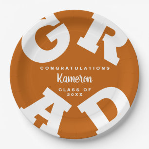 Burnt Orange and White Bold Text Graduation Paper Plates