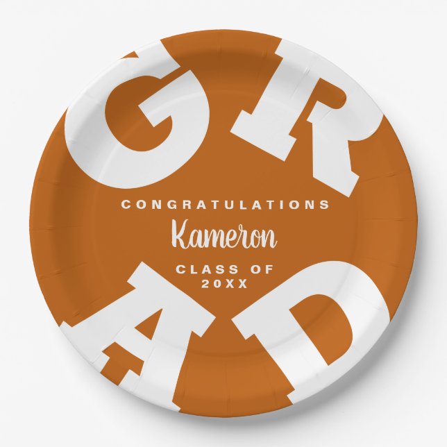 Burnt Orange and White Bold Text Graduation Paper Plates (Front)