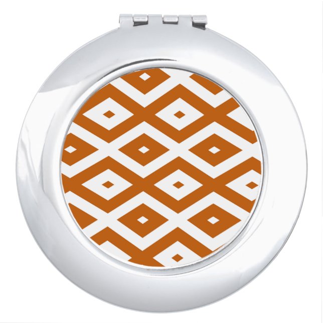 Burnt orange and white diamond pattern compact mirror (Front)