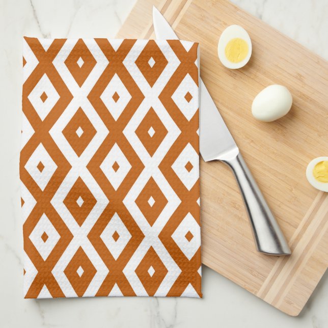 Burnt orange and white diamond pattern kitchen towel (Quarter Fold)