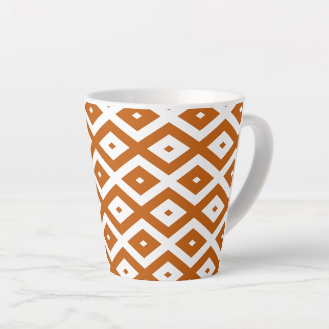 Burnt orange and white diamond pattern latte mug (Right Angle)