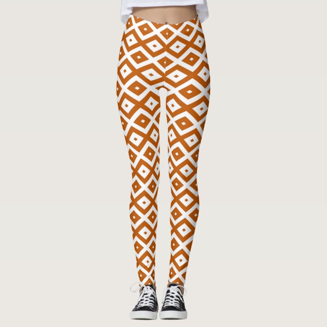 Burnt orange and white diamond pattern leggings (Front)