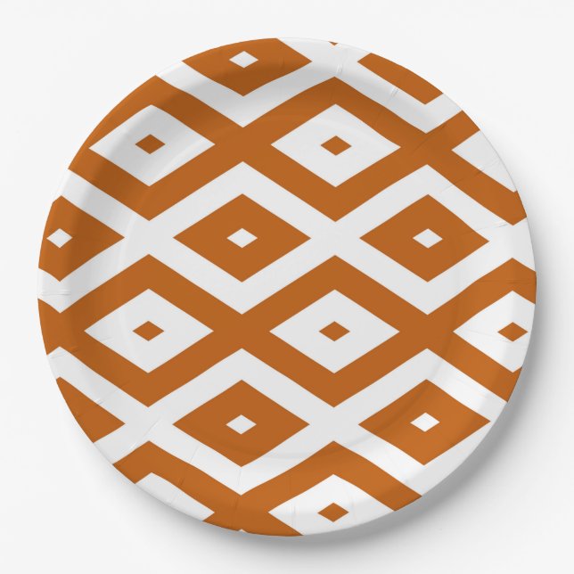 Burnt orange and white diamond pattern paper plates (Front)