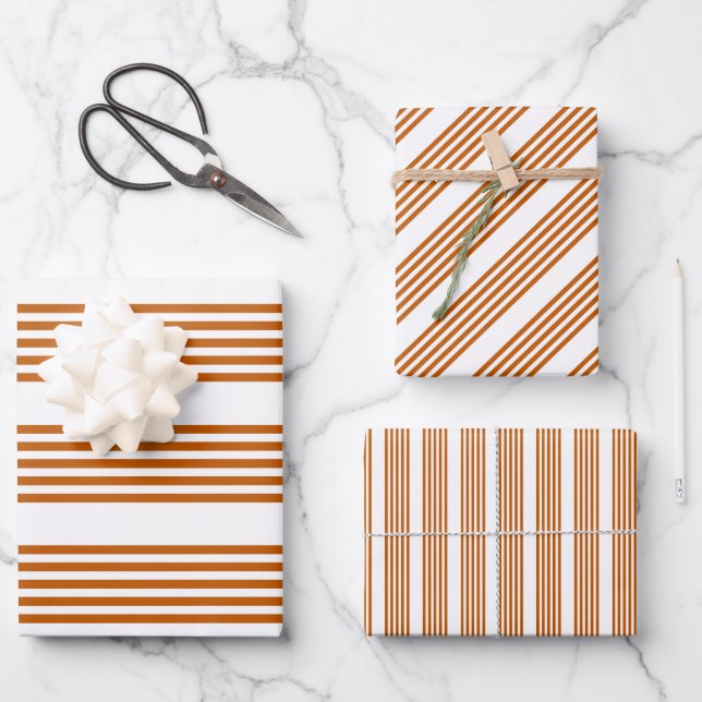 Burnt orange and white five stripe pattern wrapping paper sheets (Front)
