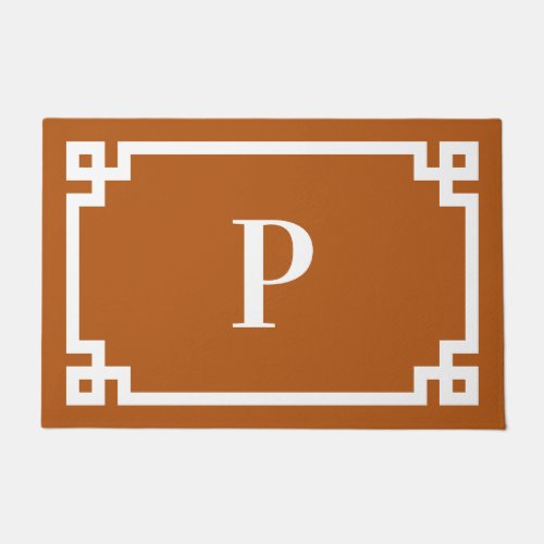 Burnt Orange and White Greek Key Frame Monogram Doormat