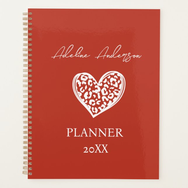 Burnt Orange and White Leopard Pattern Heart  Planner (Front)