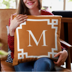 Burnt Orange and White Monogram Greek Key Border Throw Pillow