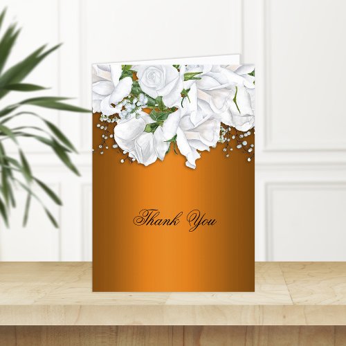 Burnt Orange and White Rose Bouquet Wedding Thank You Card