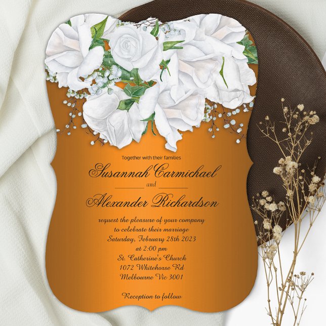 Burnt Orange and White Roses Wedding Invitation (Creator Uploaded)
