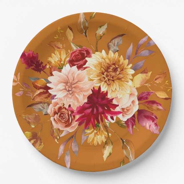 Burnt Orange and Yellow Dahlia Flowers Wedding Paper Plates (Front)