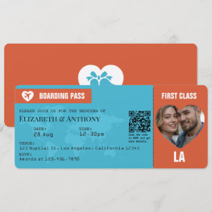 Burnt Orange & Aqua Blue Boarding Pass Wedding Invitation
