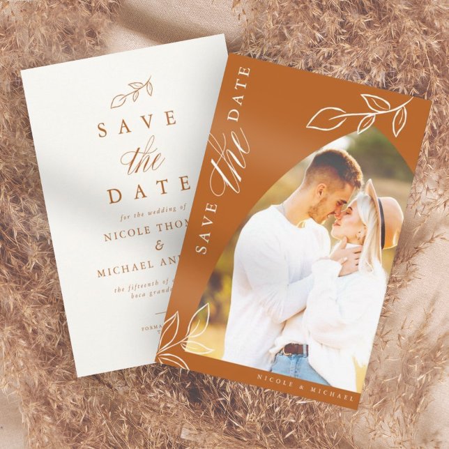 Burnt Orange Arch Boho Minimal Leaf Photo Save The Date (Creator Uploaded)