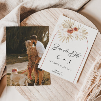 Burnt Orange Arch Dry Floral Save The Date Card by figtreedesign at Zazzle