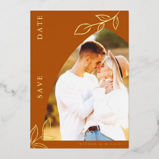 Burnt Orange Arch Foil Leaf Save The Date Card (Front)