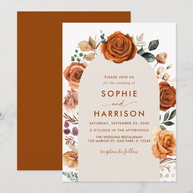 Burnt Orange Arch Terracotta Floral Rust Wedding Invitation (Front/Back)