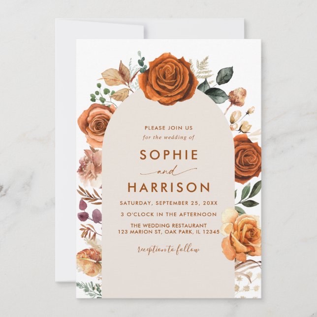 Burnt Orange Arch Terracotta Floral Rust Wedding Invitation (Front)