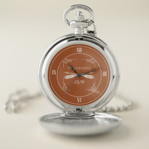 Burnt Orange Arrows and Monograms Pocket Watch