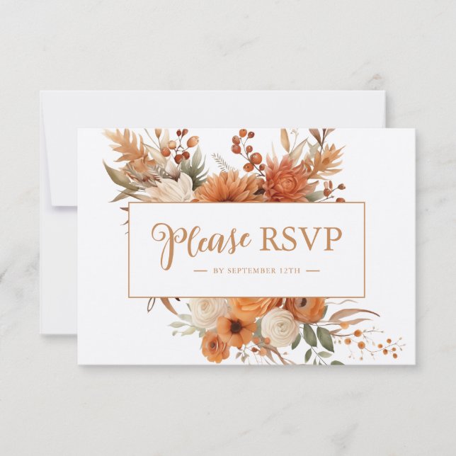 Burnt Orange Autumn Floral Botanical Wedding RSVP Card (Front)