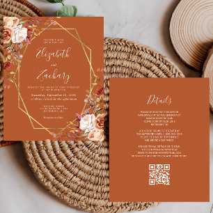 Burnt Orange Autumn Floral QR Code Wedding Invite