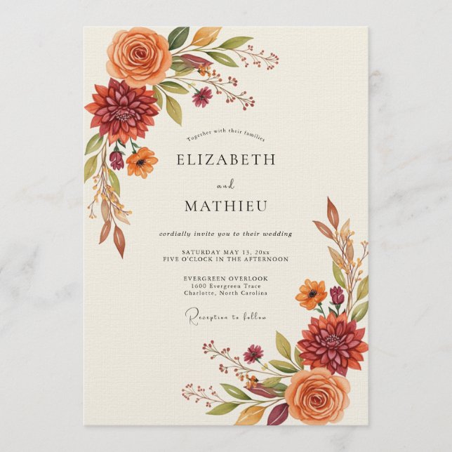 Burnt Orange Autumn Floral Wedding Invitation (Front)