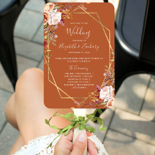 Burnt Orange Autumn Floral Wedding Program Hand Fan