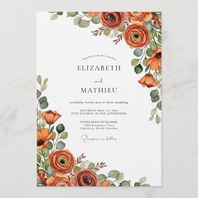Burnt Orange Autumnal Bloom Wedding Invitation (Front)