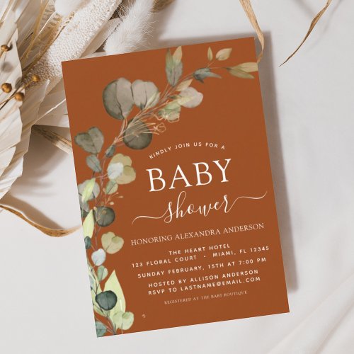 Burnt Orange Baby Shower Eucalyptus Invitations