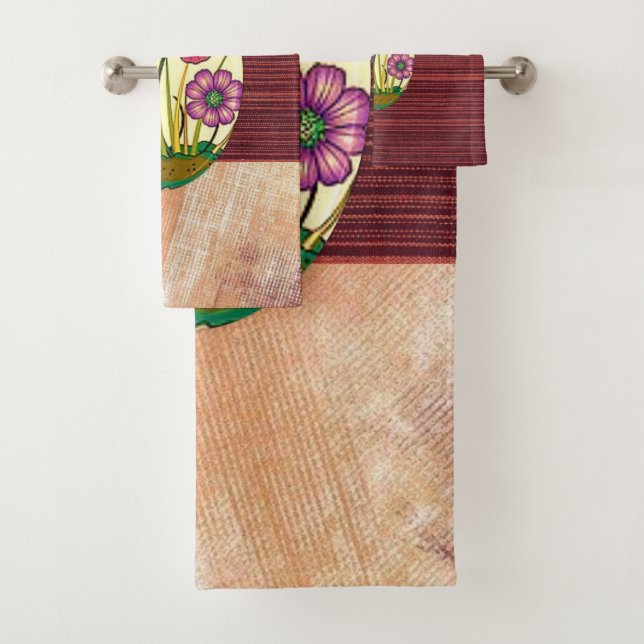 Burnt Orange Beige Floral  Bathroom Towel Sets (Insitu)
