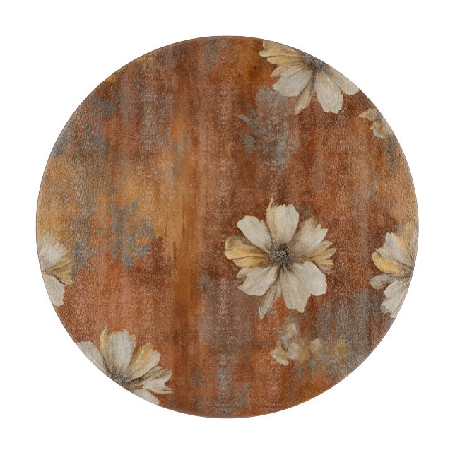 Burnt Orange Beige Gray Farmhouse Floral Cutting Board (Front)