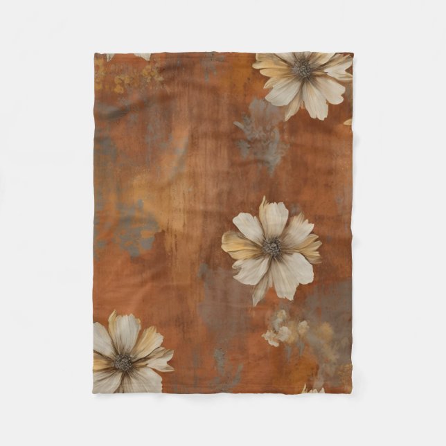 Burnt Orange Beige Gray Farmhouse Floral Small Fleece Blanket (Front)