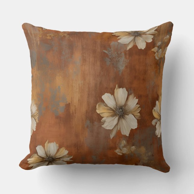 Burnt Orange Beige Gray Farmhouse Floral Throw Pillow (Front)