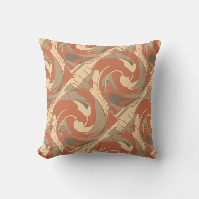 Burnt Orange Beige Taupe Diagonal Twirls Motif  Throw Pillow (Front)