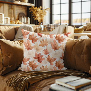 Burnt Orange Beige Watercolor Fall Leaves Pattern Throw Pillow