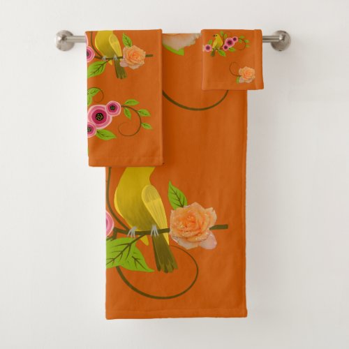Burnt Orange _ Bird  Yellow Rose Bath Towel Set