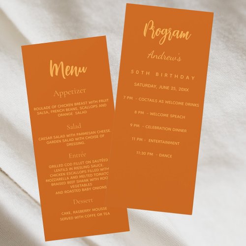 Burnt orange birthday program dinner menu card