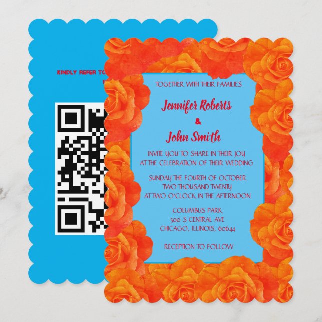 Burnt Orange Blue Floral QR Code Roses Wedding Invitation (Front/Back)