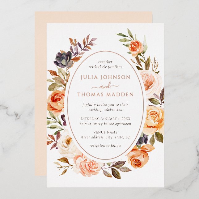 Burnt Orange Blush Floral Foliage Wedding Foil Invitation (Front/Back)