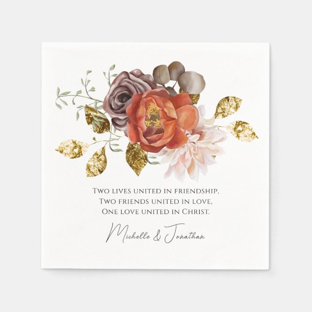 Burnt Orange Blush Gold Floral Christian Wedding Napkins (Front)