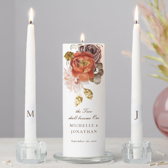 Burnt Orange Blush Gold Floral Christian Wedding Unity Candle Set (In Situ)