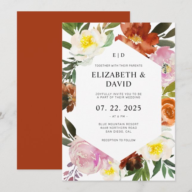 Burnt Orange, Blush Pink and White Floral Wedding Invitation (Front/Back)