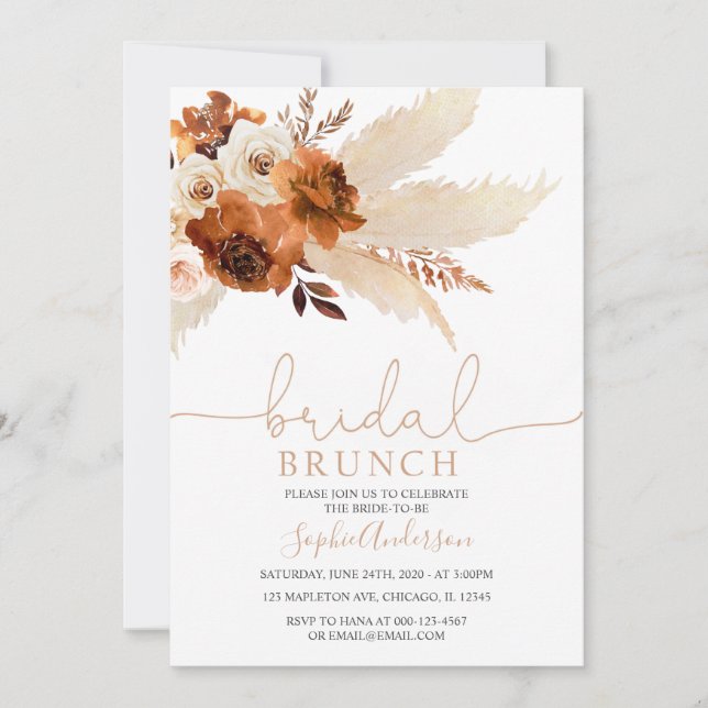 Burnt Orange Bohemian Pampas Grass Bridal Brunch Invitation (Front)