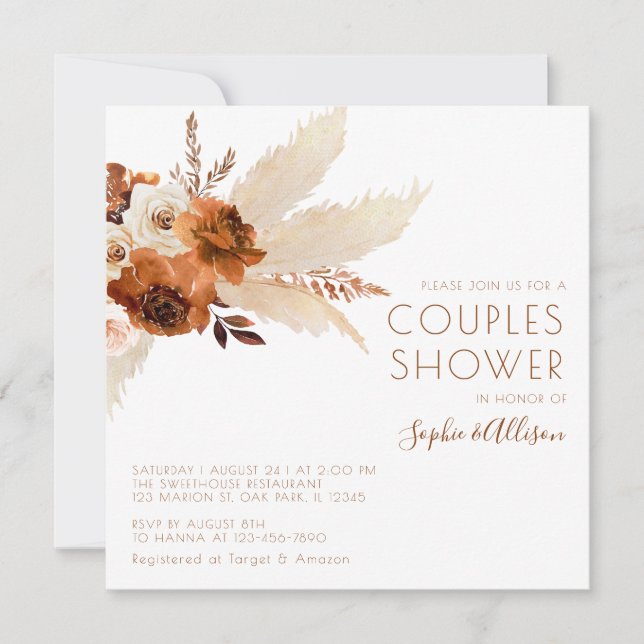 Burnt Orange Bohemian Pampas Grass  Couples Shower Invitation (Front)