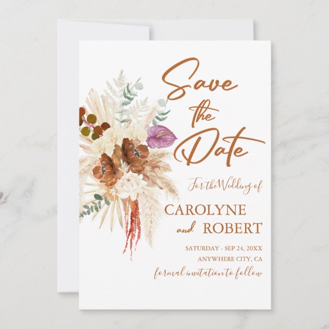 Burnt Orange Bohemian Pampas Grass Save The Date Invitation (Front)