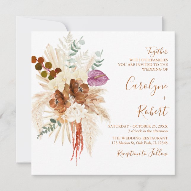 Burnt Orange Bohemian Pampas Grass Square Wedding Invitation (Front)